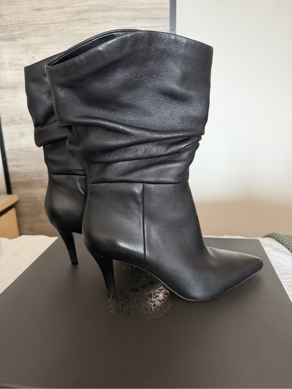 Vince Camuto Black Slouchy Pointed-Toe Mid-Calf Heeled Boots